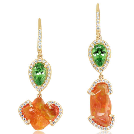 14K Yellow Gold Fire Opal/Mint Garnet/Diamond Earrings