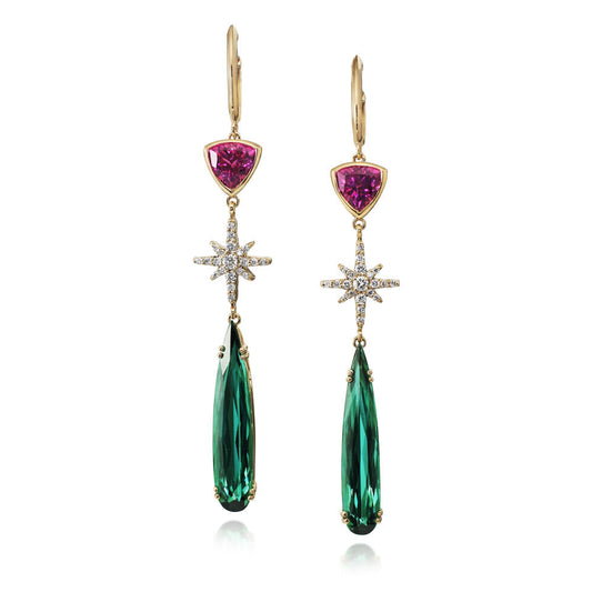 14K Yellow Gold Blue/Green Tourmaline/Purple Garnet/Diamond Earrings