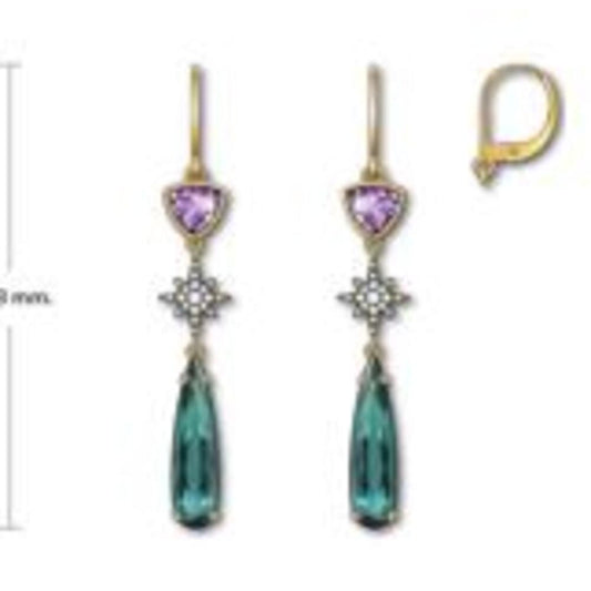 14K Yellow Gold Blue-Green Tourmaline/Purple Garnet/Diamond Earrings