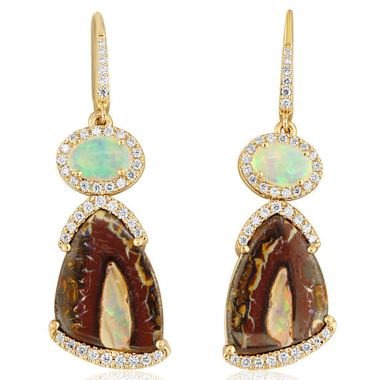 14K Yellow Gold Australian Boulder Opal/Diamond Earrings