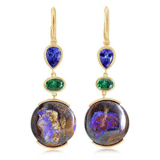 14K Yellow Gold Australian Boulder Opal/Tanzanite/Tsavorite Earrings