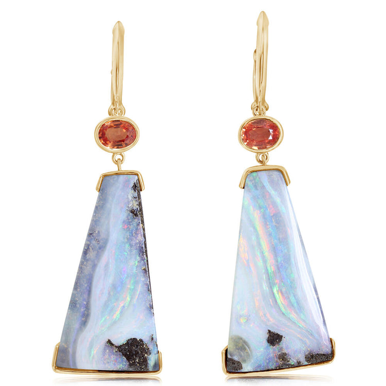 14K Yellow Gold Australian Boulder Opal/Orange Sapphire Earrings