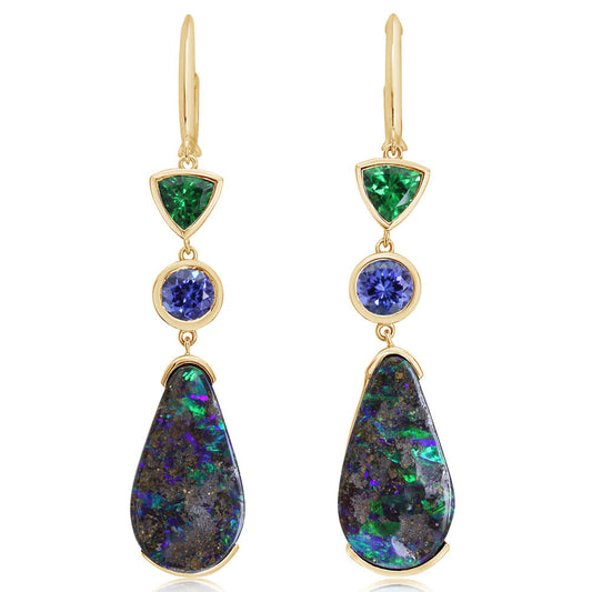 14K Yellow Gold Australian Boulder Opal/Tsavorite/Tanzanite Earrings