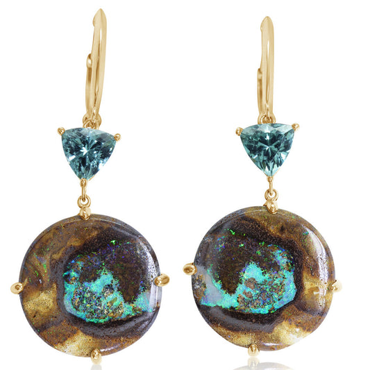 14K Yellow Gold Australian Boulder Opal/Mint Tourmaline Earrings