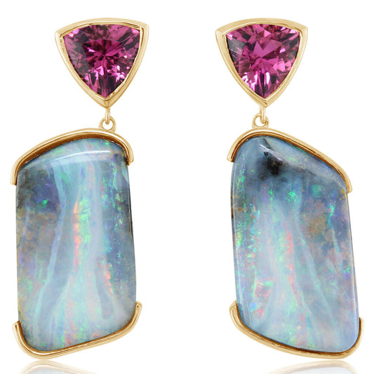 14K Yellow Gold Australian Boulder Opal/Pink Tourmaline Earrings