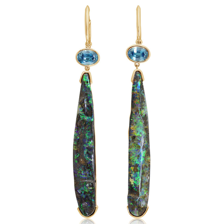 14K Yellow Gold Australian Boulder Opal/Blue Zircon Earrings