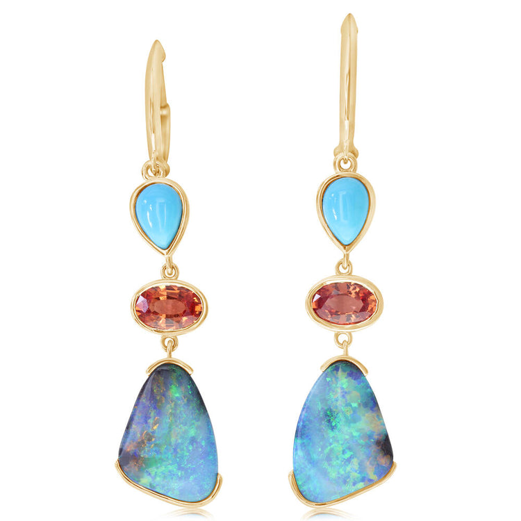 14K Yellow Gold Australian Boulder Opal/Orange Sapphire/Arizona Turquoise Earrings