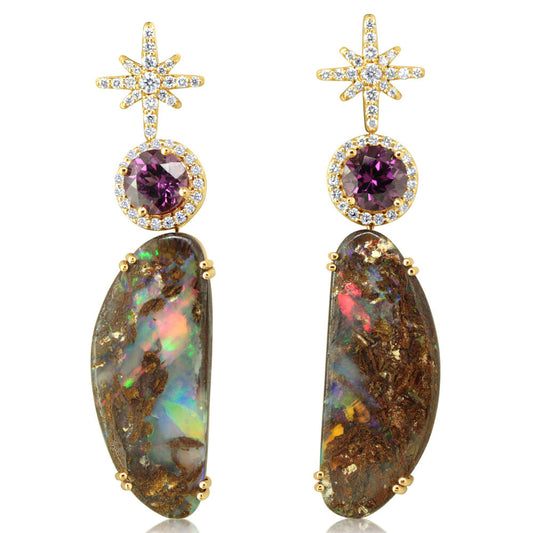 14K Yellow Gold Australian Boulder Opal/Purple Garnet/Diamond Earrings