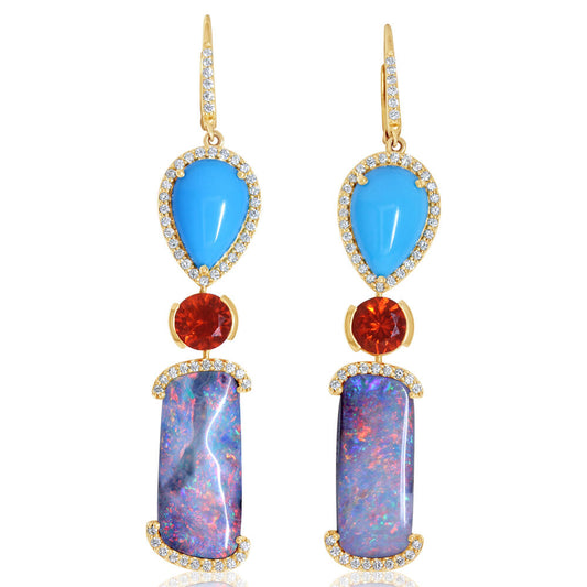 14K Yellow Gold Australian Boulder Opal/Arizona Turquoise/Fire Opal/Diamond Earrings