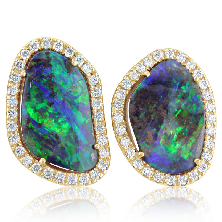 14K Yellow Gold Australian Boulder Opal/Diamond Earrings