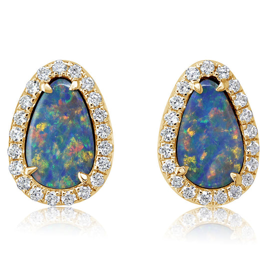 14K Yellow Gold Australian Opal Doublet/Diamond Earrings