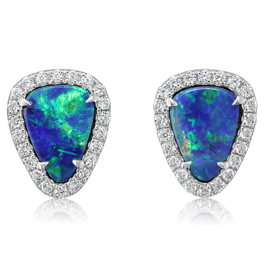 14K White Gold Australian Opal Doublet/Diamond Earrings