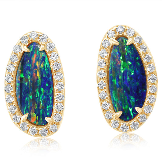 14K Yellow Gold Australian Opal Doublet/Diamond Earrings