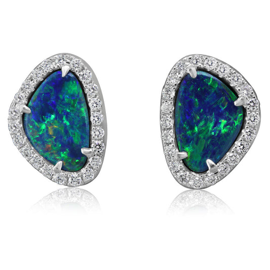 14K White Gold Australian Opal Doublet/Diamond Earrings