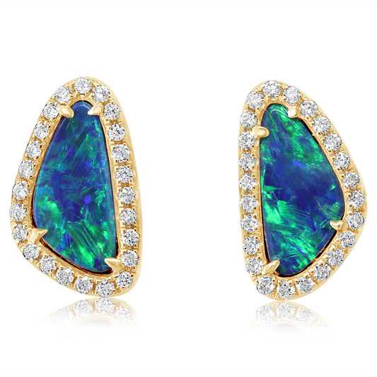 14K Yellow Gold Australian Opal Doublet/Diamond Earrings