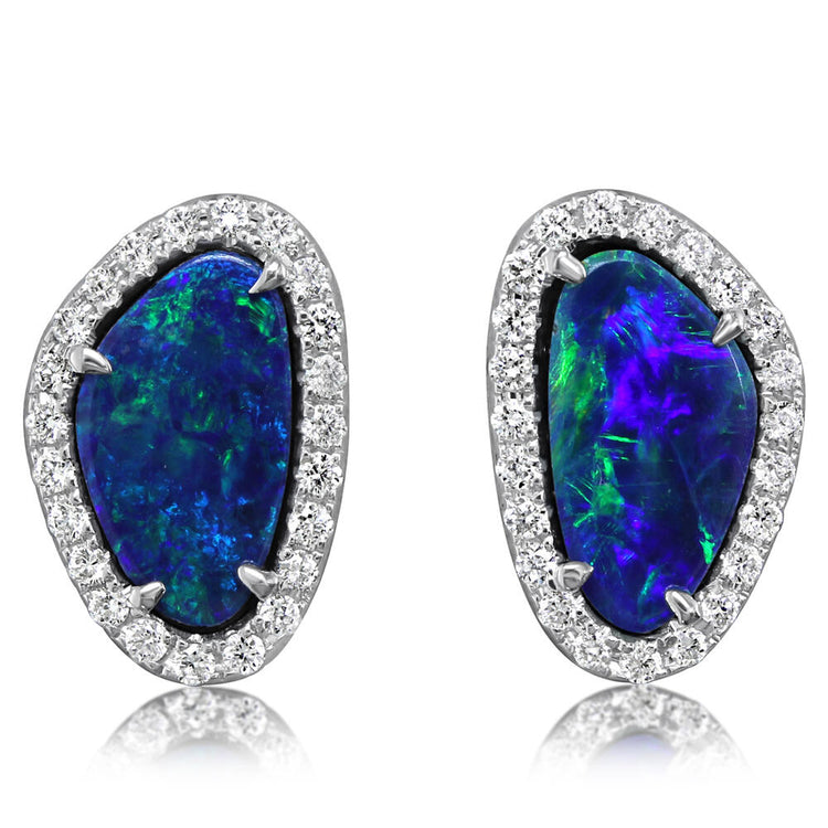 14K White Gold Australian Opal Doublet/Diamond Earrings