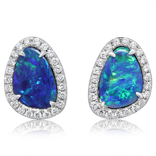 14K White Gold Australian Opal Doublet/Diamond Earrings