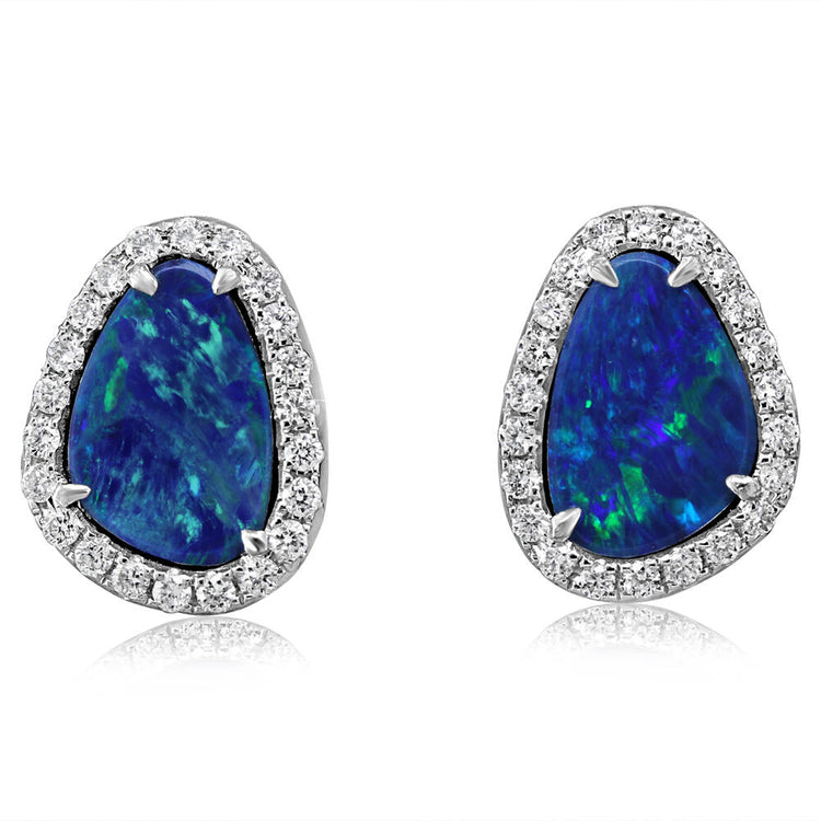 14K White Gold Australian Opal Doublet/Diamond Earrings