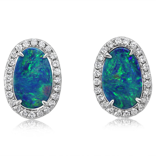 14K White Gold Australian Opal Doublet/Diamond Earrings