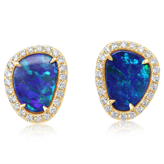 14K Yellow Gold Australian Opal Doublet/Diamond Earrings