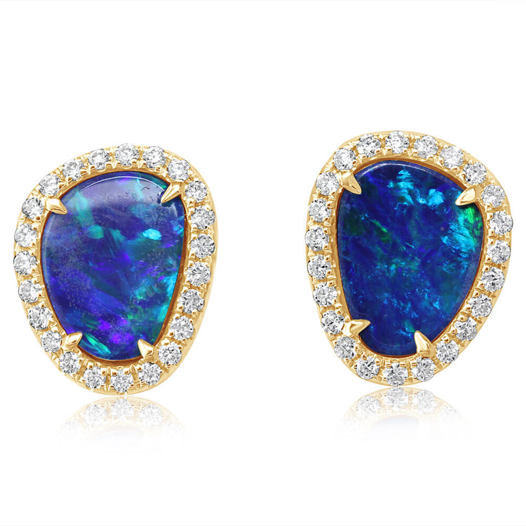 14K Yellow Gold Australian Opal Doublet/Diamond Earrings