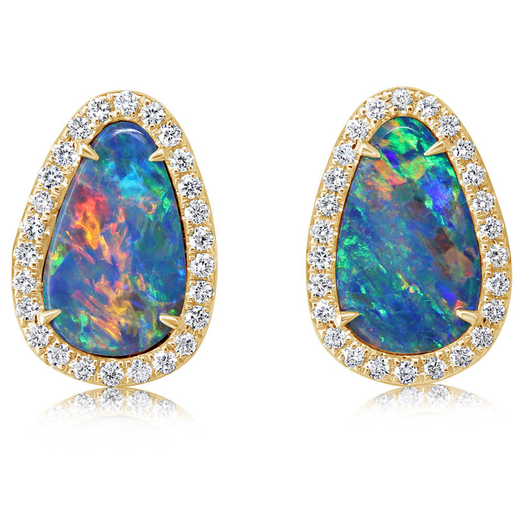 14K Yellow Gold Australian Opal Doublet/Diamond Earrings