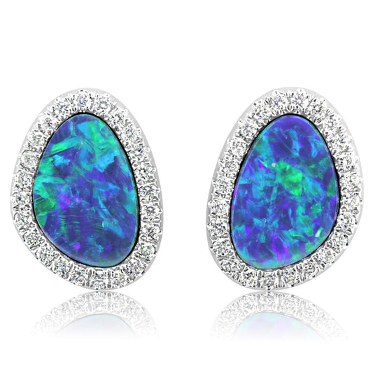 14K White Gold Australian Opal Doublet/Diamond Earrings