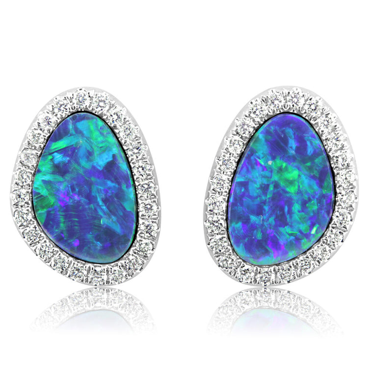 14K White Gold Australian Opal Doublet/Diamond Earrings