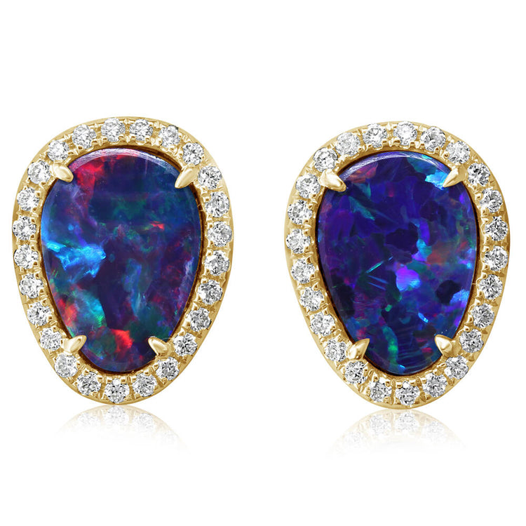 14K Yellow Gold Australian Opal Doublet/Diamond Earrings