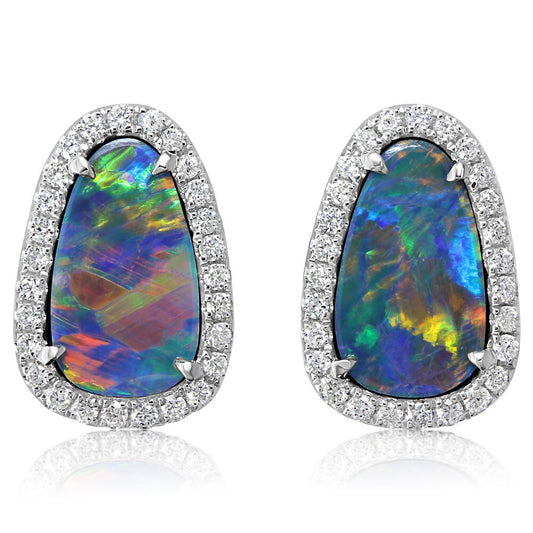 14K White Gold Australian Opal Doublet/Diamond Earrings