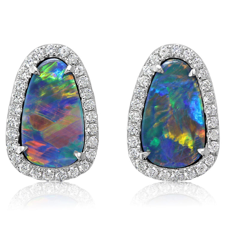 14K White Gold Australian Opal Doublet/Diamond Earrings