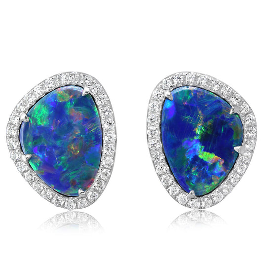 14K White Gold Australian Opal Doublet/Diamond Earrings