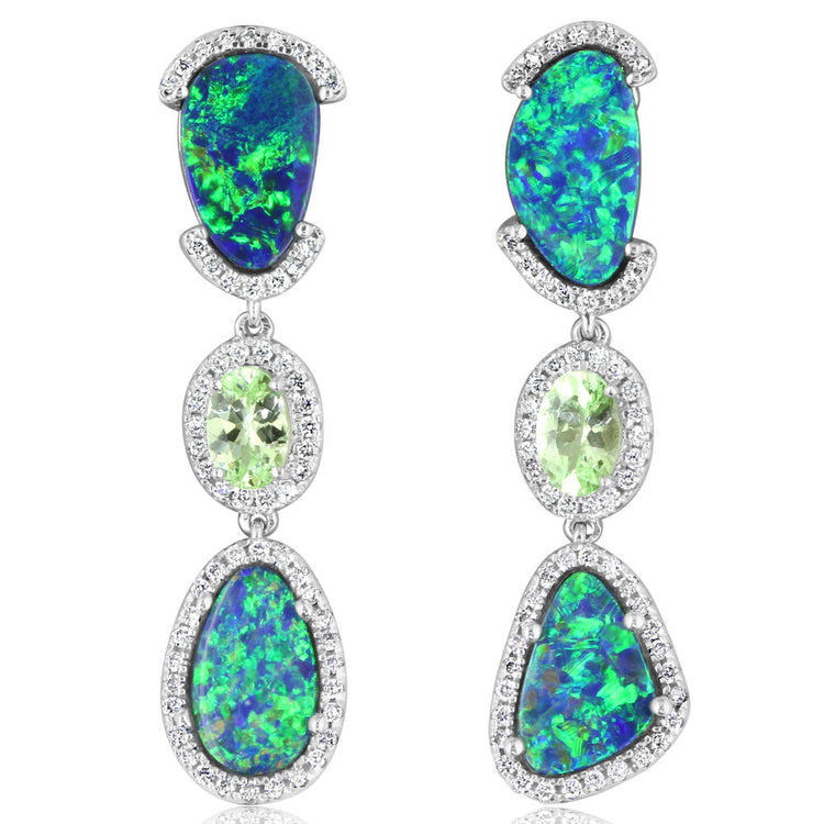 14K White Gold Australian Opal Doublet/Mint Garnet/Diamond Earrings