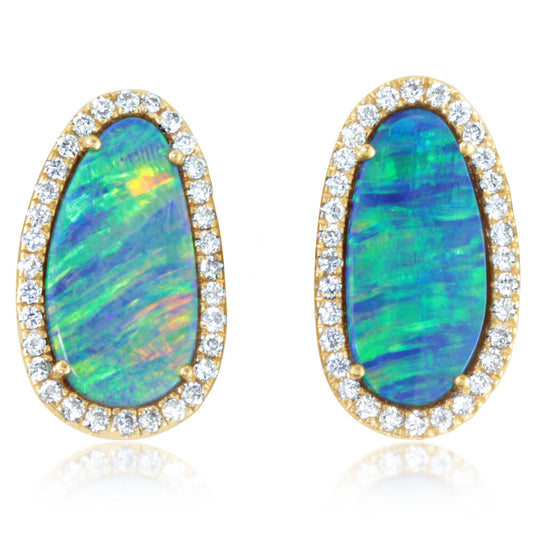 14K Yellow Gold Australian Opal Doublet/Diamond Earrings