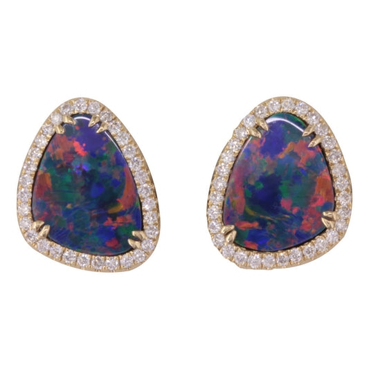 14K Yellow Gold Australian Opal Doublet/Diamond Earrings