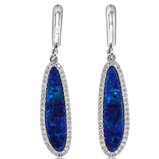 14K White Gold Australian Opal Doublet/Diamond Dangle Earrings