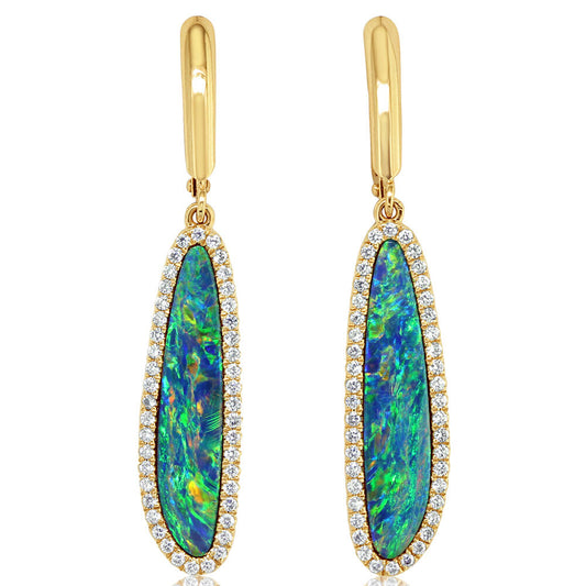 14K Yellow Gold Australian Opal Doublet/Diamond Dangle Earrings