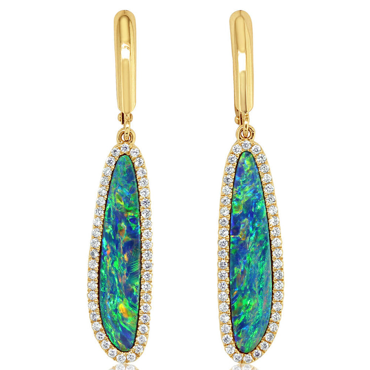 14K Yellow Gold Australian Opal Doublet/Diamond Dangle Earrings