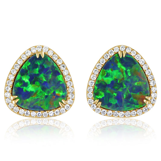 14K Yellow Gold Australian Opal Doublet/Diamond Earrings