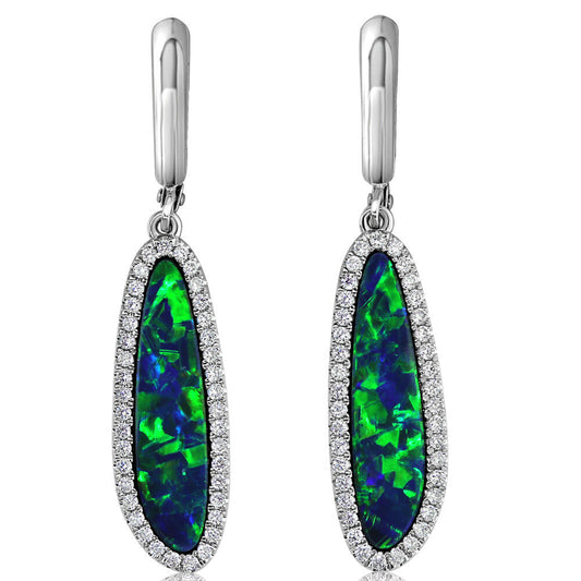 14K White Gold Australian Opal Doublet/Diamond Dangle Earrings