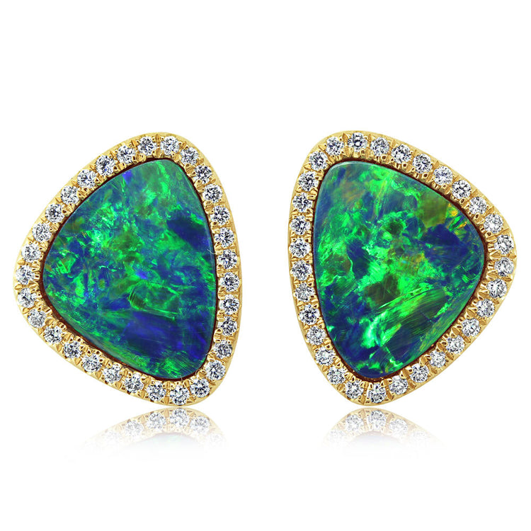 14K Yellow Gold Australian Opal Doublet/Diamond Earrings