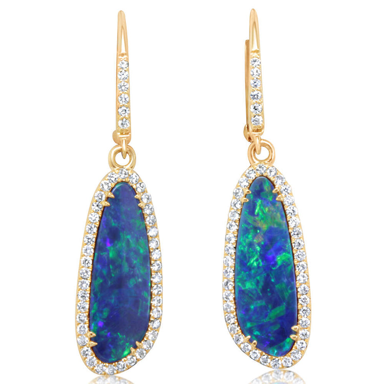 14K Yellow Gold Australian Opal Doublet/Diamond Dangle Earrings