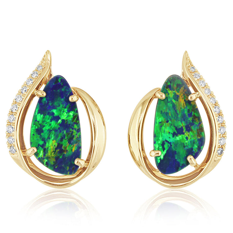 14K Yellow Gold Australian Opal Doublet/Diamond Earrings