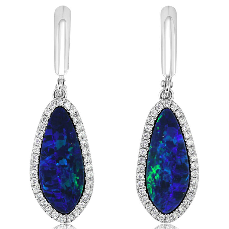 14K White Gold Australian Opal Doublet/Diamond Dangle Earrings