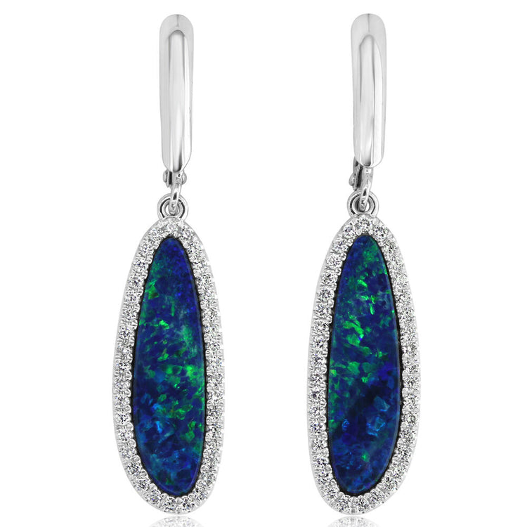 14K White Gold Australian Opal Doublet/Diamond Dangle Earrings