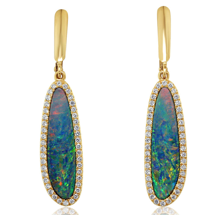 14K Yellow Gold Australian Opal Doublet/Diamond Dangle Earrings