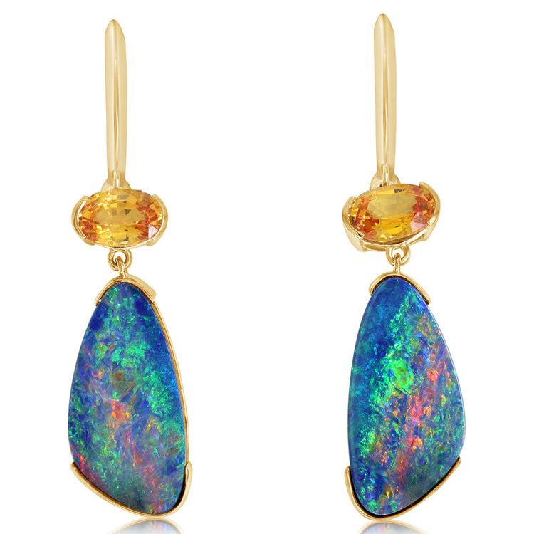 14K Yellow Gold Australian Opal Doublet/Orange Sapphire Earrings ,