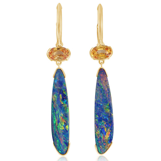 14K Yellow Gold Australian Opal Doublet/Orange Sapphire Earrings ,