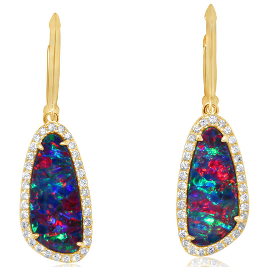 14K Yellow Gold Australian Opal Doublet/Diamond Earrings