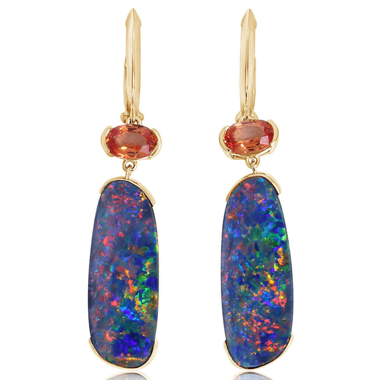 14K Yellow Gold Australian Opal Doublet/Orange Sapphire Earrings ,